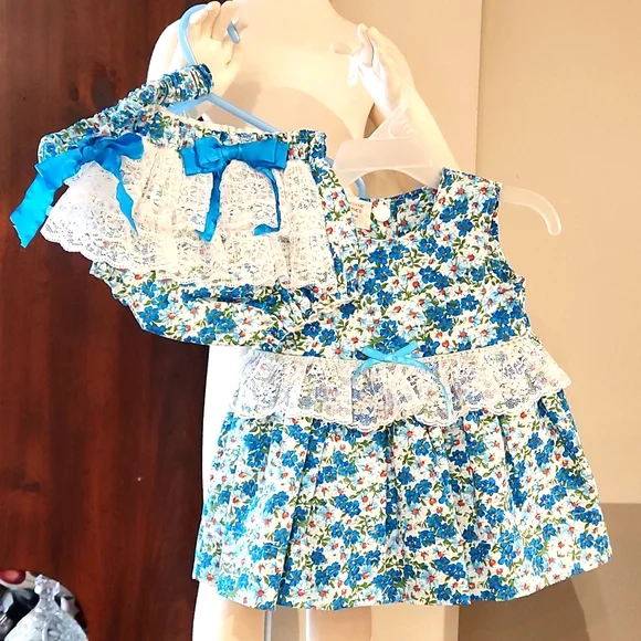 HANDMADE BABY GIRLS 3 PC BLUE, WHITE, ORANGE DRESS OUTFIT SET - Picture 1 of 9